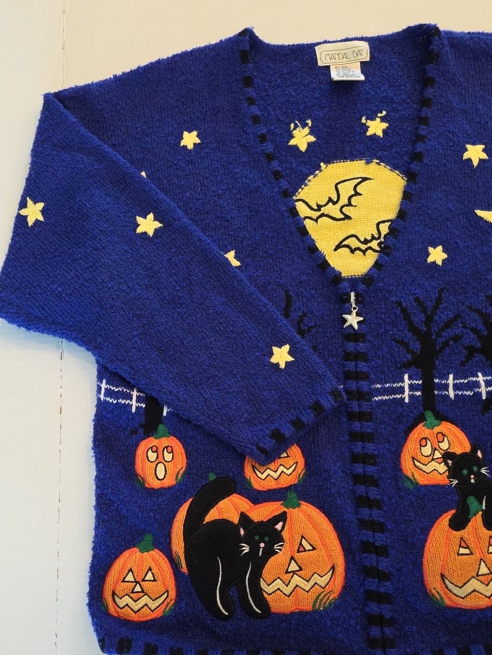 Mandal Bay Vintage 90s Halloween Zip Knit Cardigan Pumpkin Black Cat Bats XL - Picture 3 of 16
